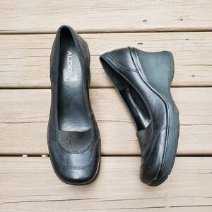 Vintage 90s y2k Bratz Black Leather‎ Chunky Wedge Heel Cap Toe Oxford Loafers 41